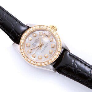 Rolex Ladies 26mm Datejust Two-Tone MOP Diamon on black leather